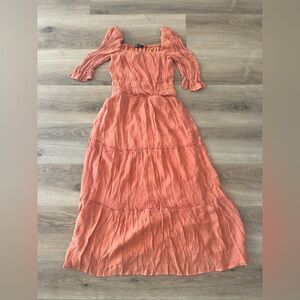Trixxi Smocked Off-Shoulder Maxi Dress in Burnt Coral – Like New, Size Medium